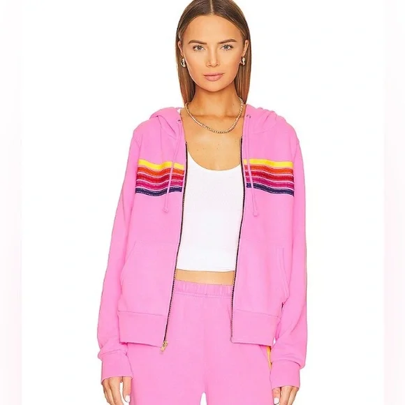 NWT AVIATOR NATION 5 Stripe Zip Hoodie in Neon Pink, Yellow, & Purple - XS - Picture 1 of 6